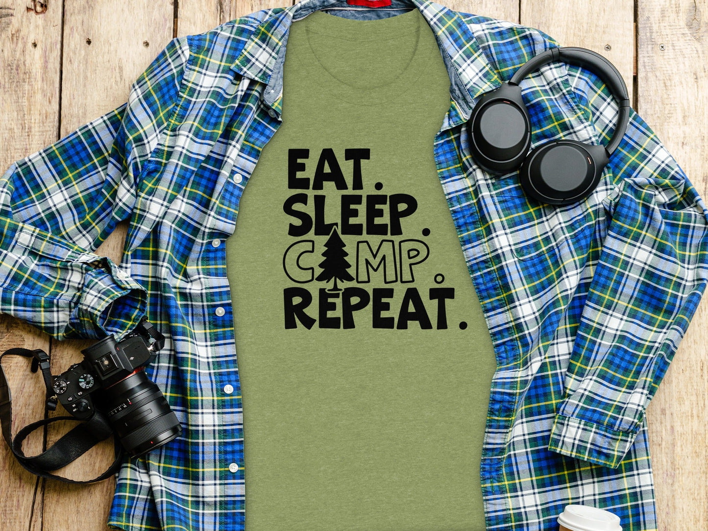 Eat Sleep Camp Repeat With Pine Tree Graphic T-Shirt