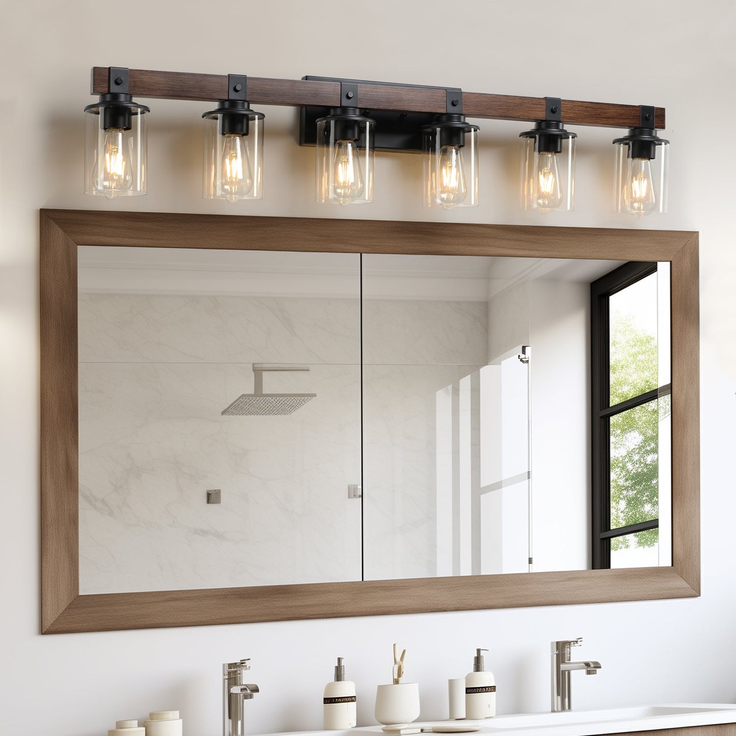 42" Rustic 6-Light Wall Sconce with Glass and Wood Accent
