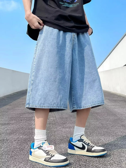 Men's Full Size Vintage Wash Wide-Leg Denim Shorts Plus Size