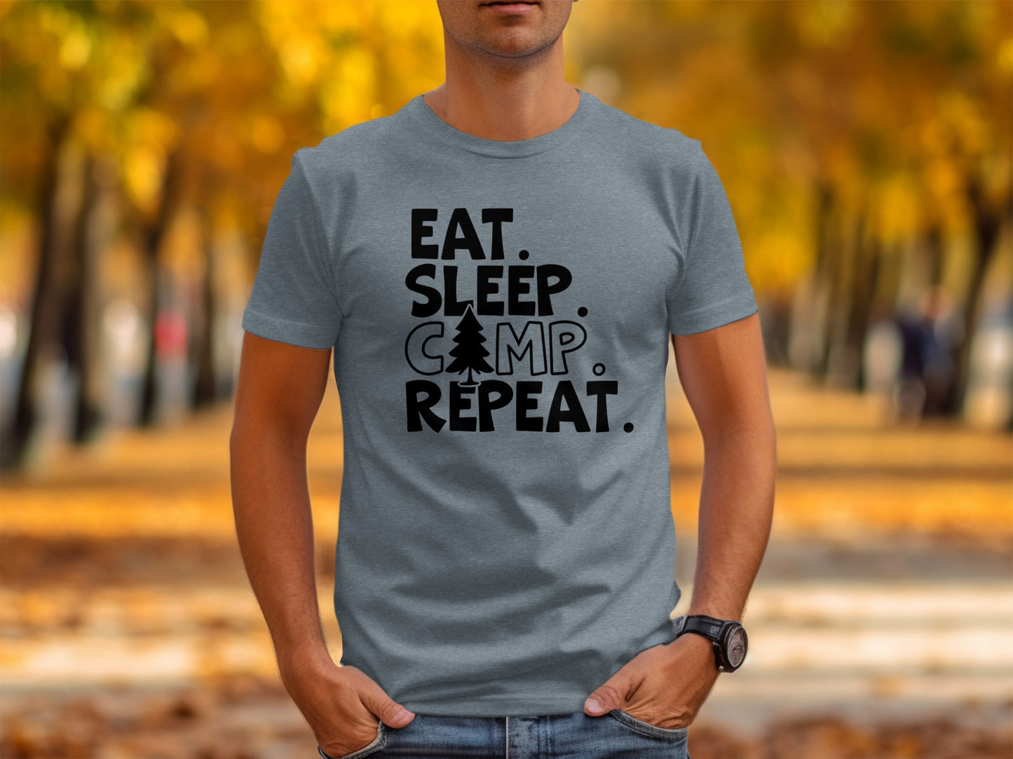 Eat Sleep Camp Repeat With Pine Tree Graphic T-Shirt