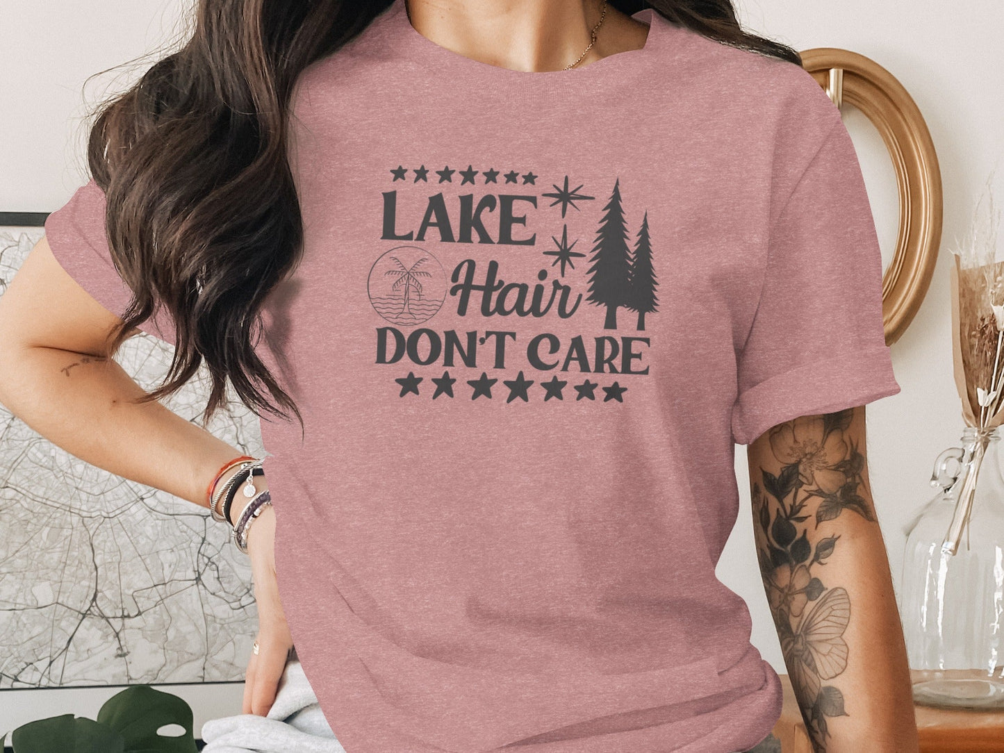 Lake with Hair Don't Care Graphic Image Printed T-Shirt