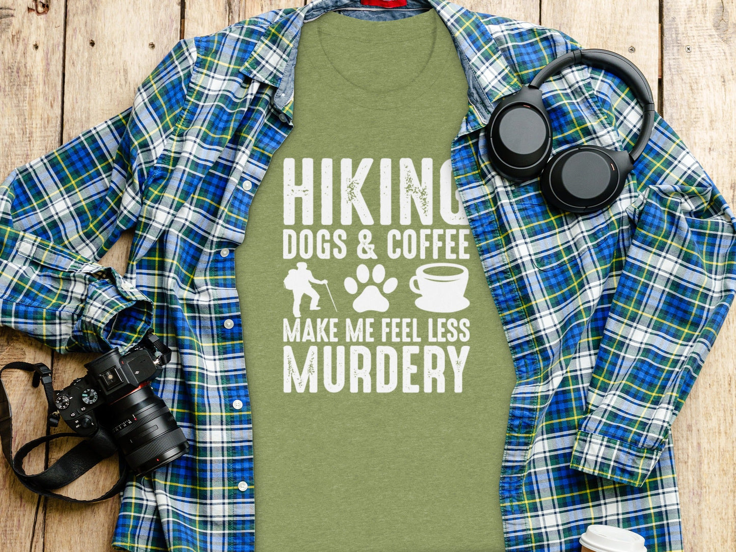 Hiking Dogs Coffee Less Murdery Funny Graphic Design T-Shirt
