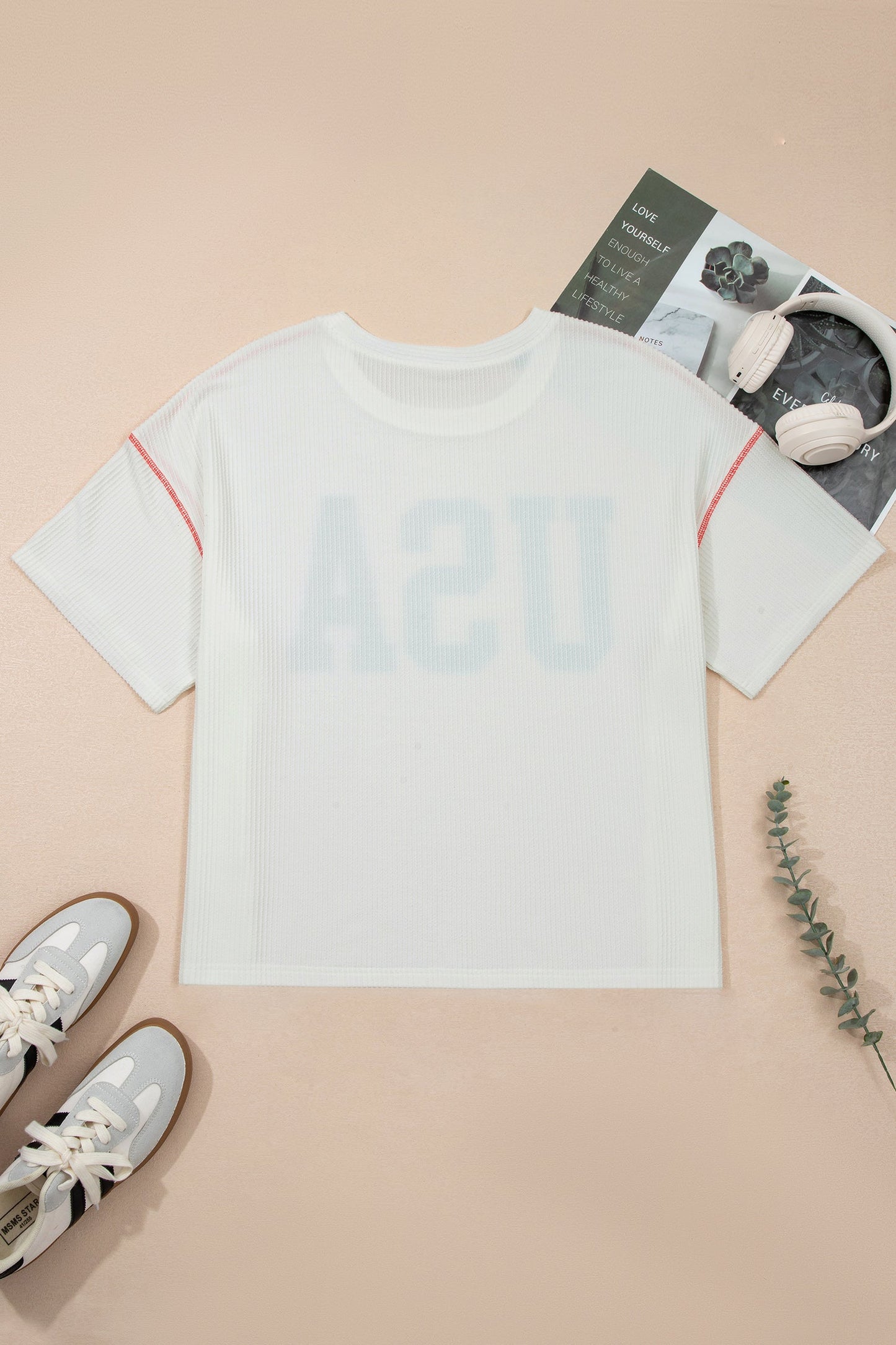 White Plus Size Twisted Rib Vintage USA Letter Printed T Shirt