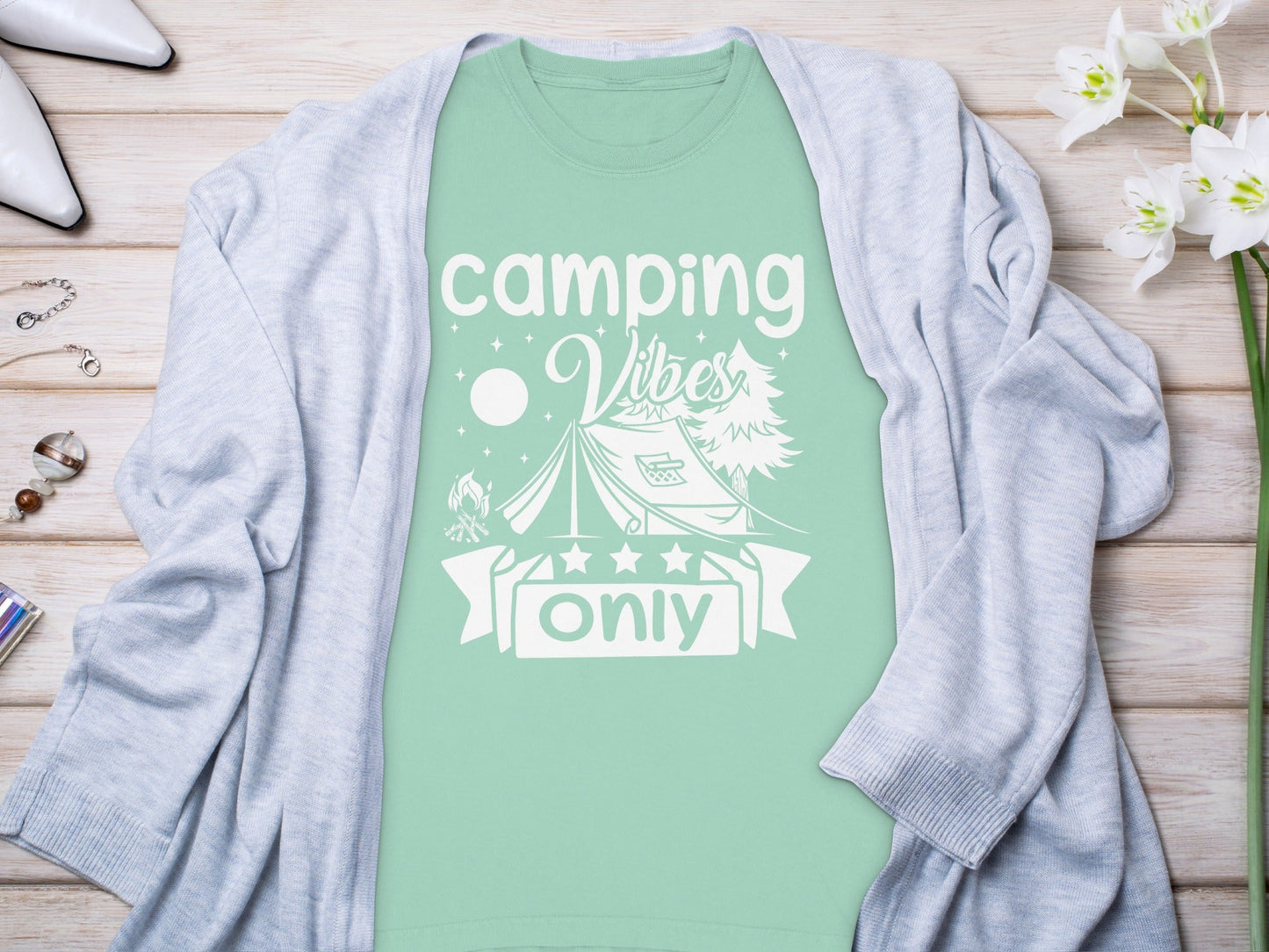 Camping Vibes Stars Only With Tent Graphic Long Sleeve T-Shirt