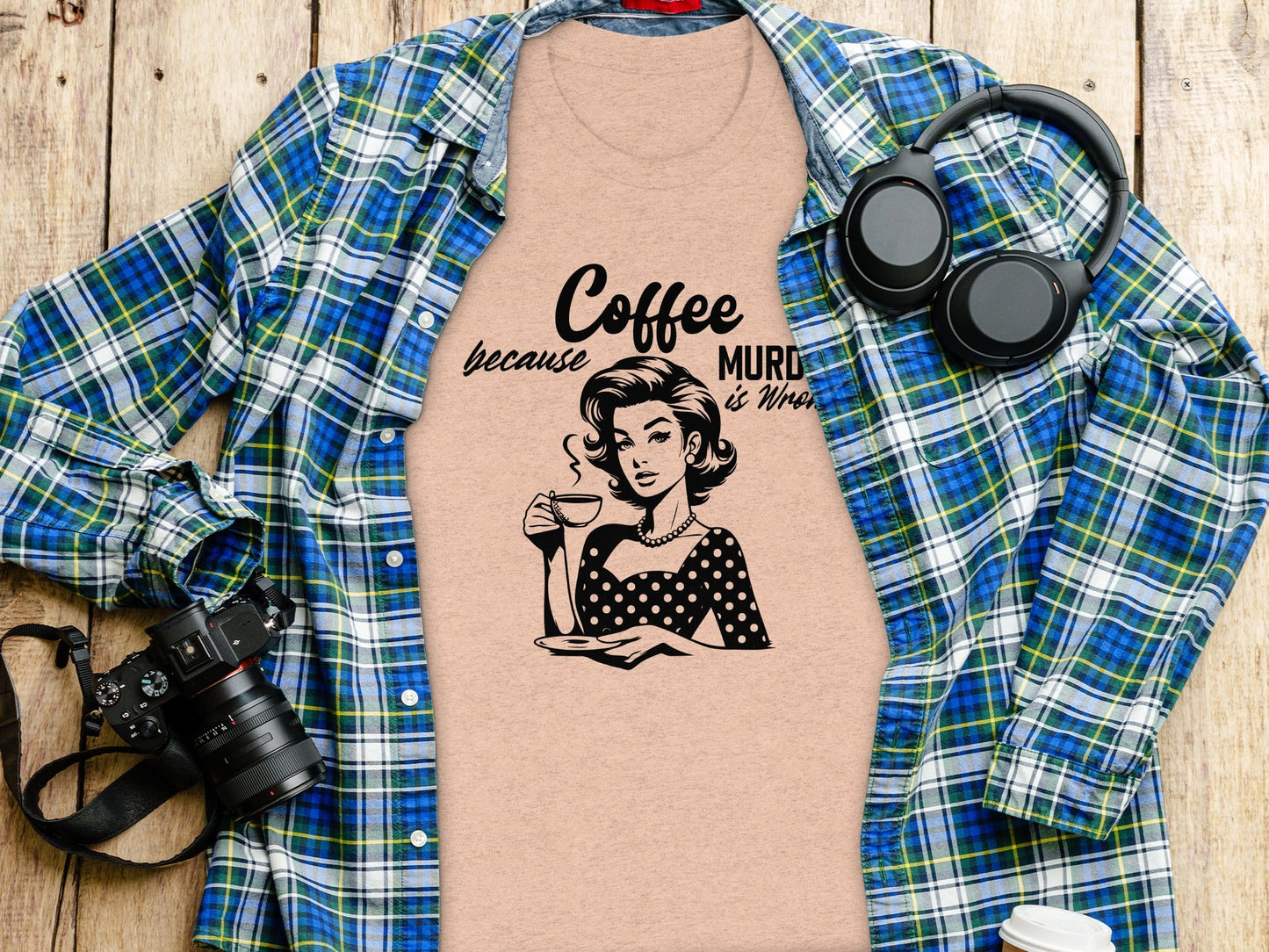 Coffee Because Murder Is Wrong Graphic Black And White T-Shirt