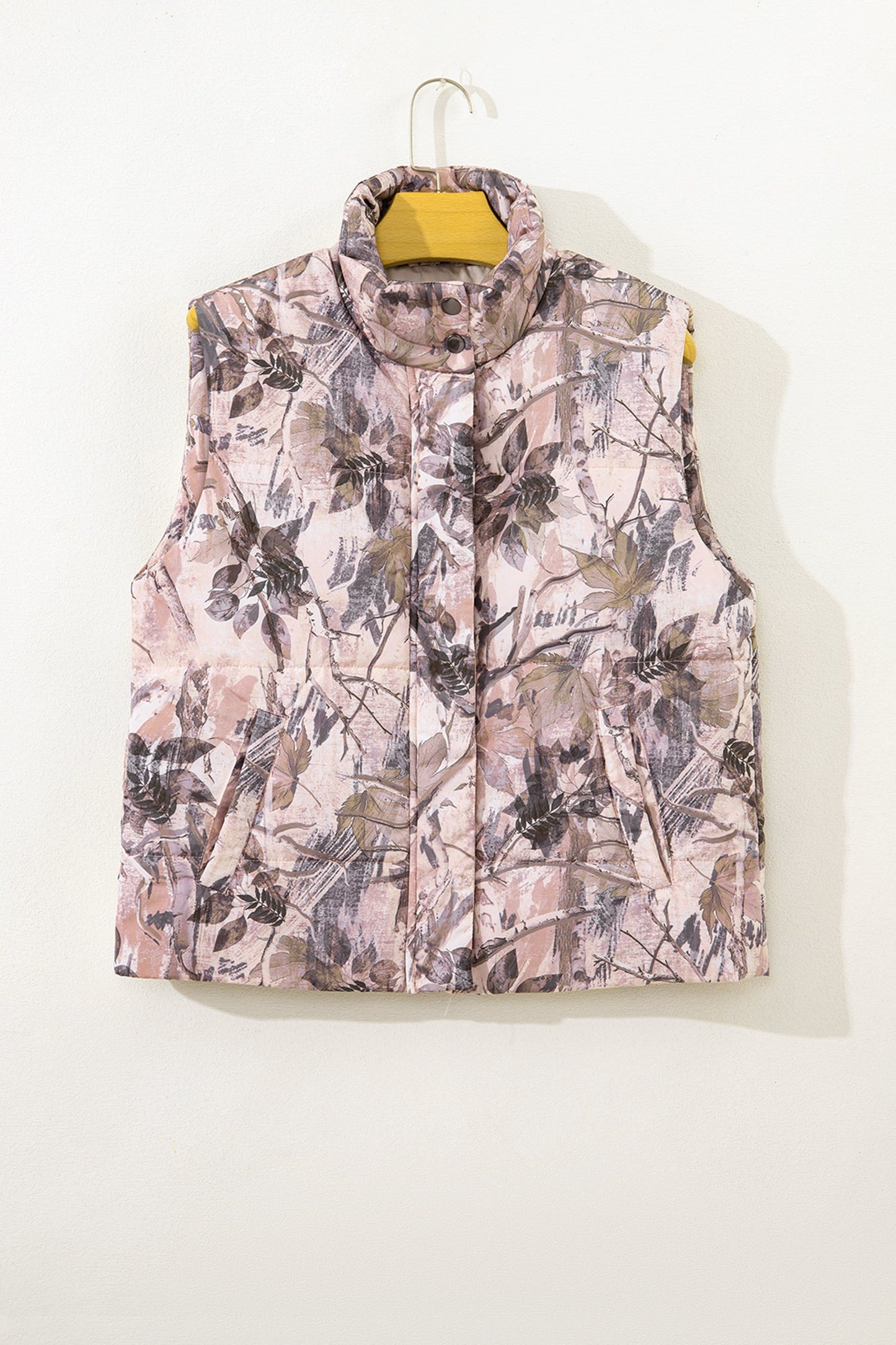 Brown Camo Leaf Print Winter Puffer Vest