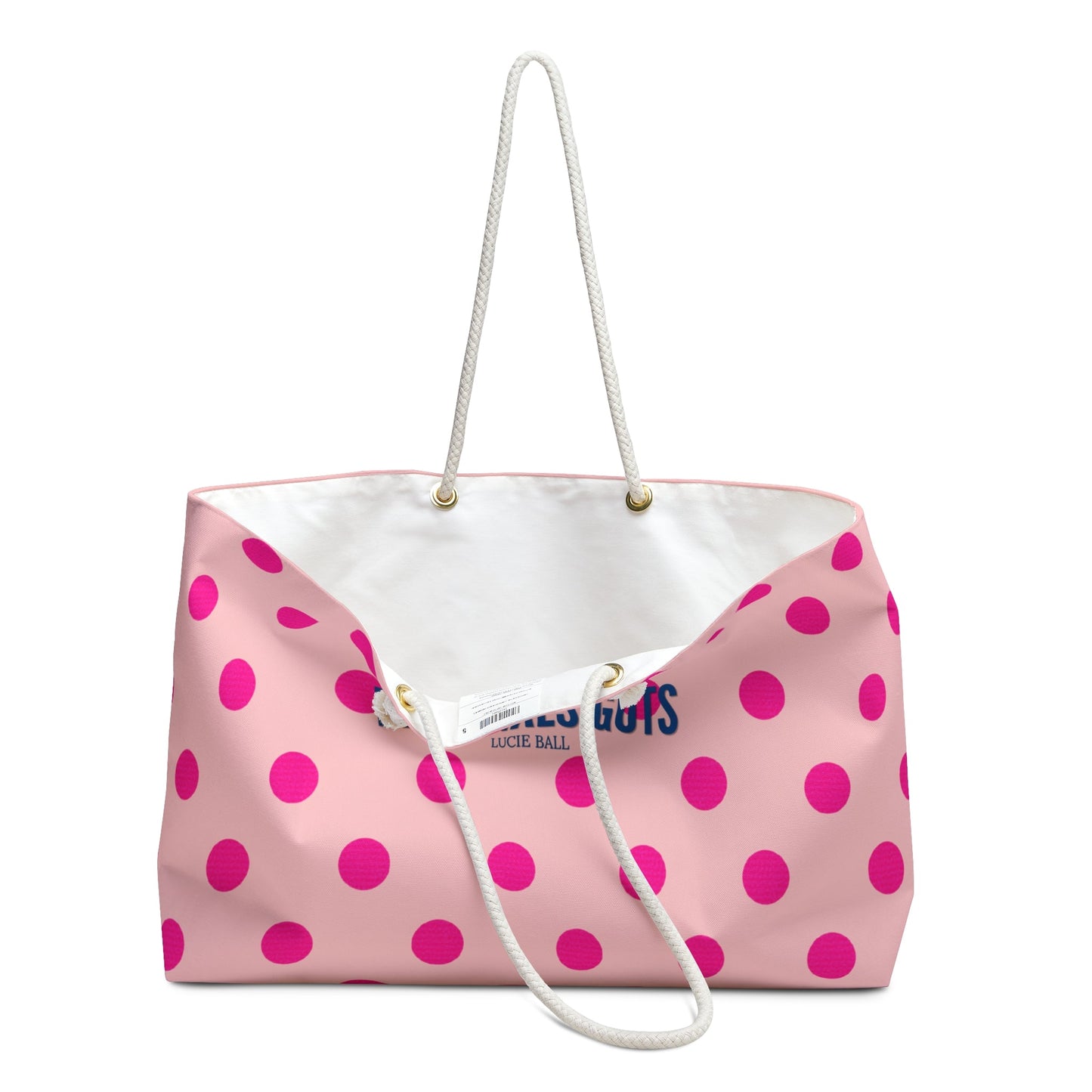 Pink Polka Dot Oversized Beach Bag — "Life Takes Guts" Lucille Ball Quote Tote