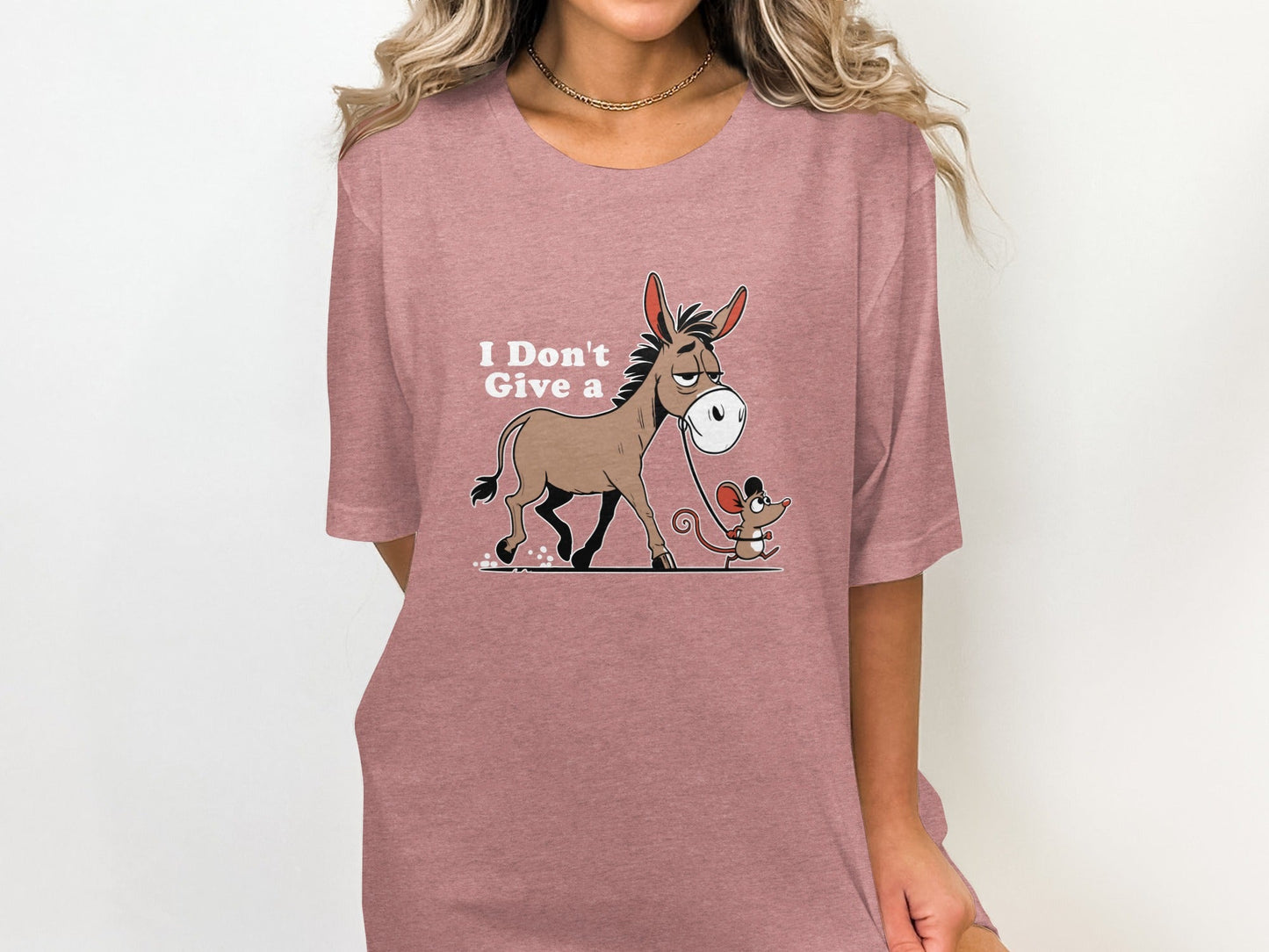 Funny Mouse Walking a Donkey Cartoon Graphic T-Shirt