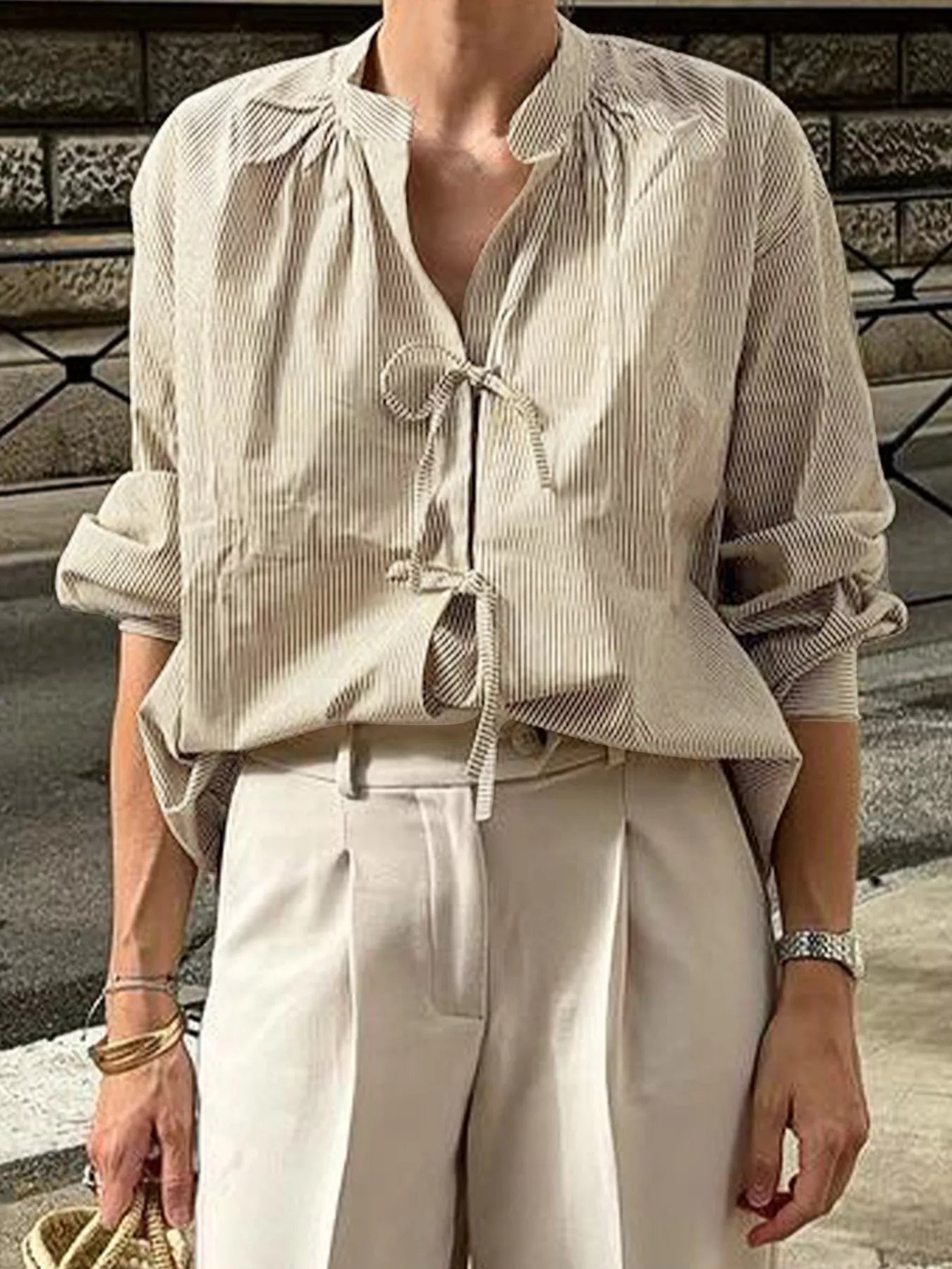 Striped Tie-Front Long Sleeve Shirt