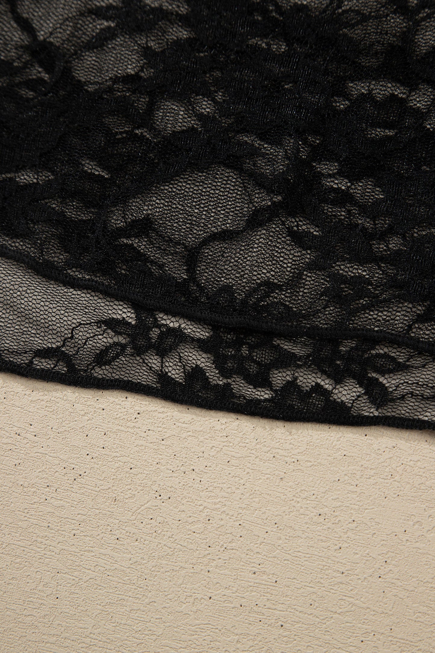 Black Sheer Floral Lace Lettuce Trim Mock Neck Long Sleeve Top