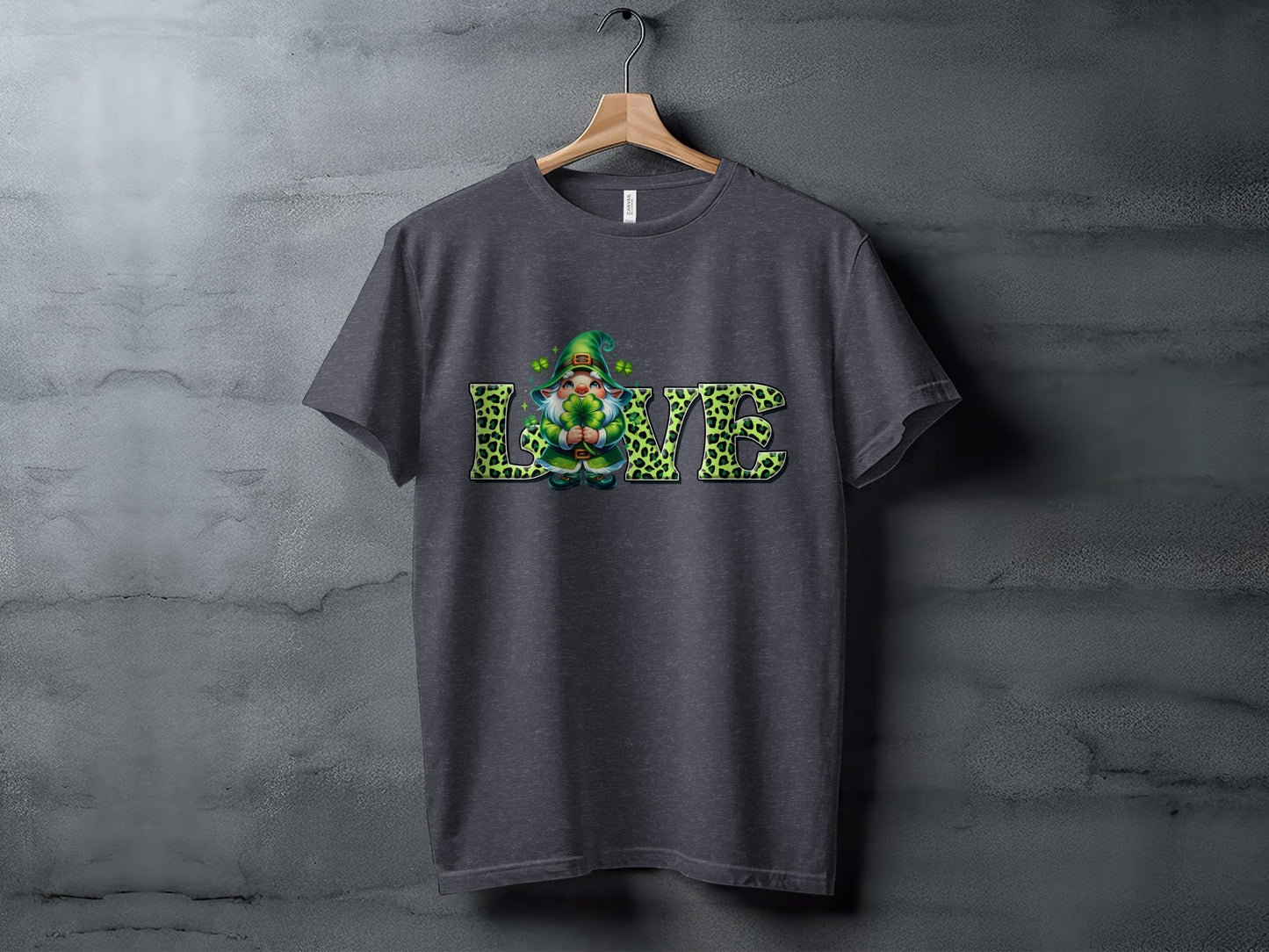 St Patricks Day Gnome T-Shirts, Four Leaf Clover Shirt, Love T Shirt, St Paddys Day Tee, Leopard Print Letters, Cute Irish T Shirts