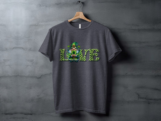 St Patricks Day Gnome T-Shirts, Four Leaf Clover Shirt, Love T Shirt, St Paddys Day Tee, Leopard Print Letters, Cute Irish T Shirts