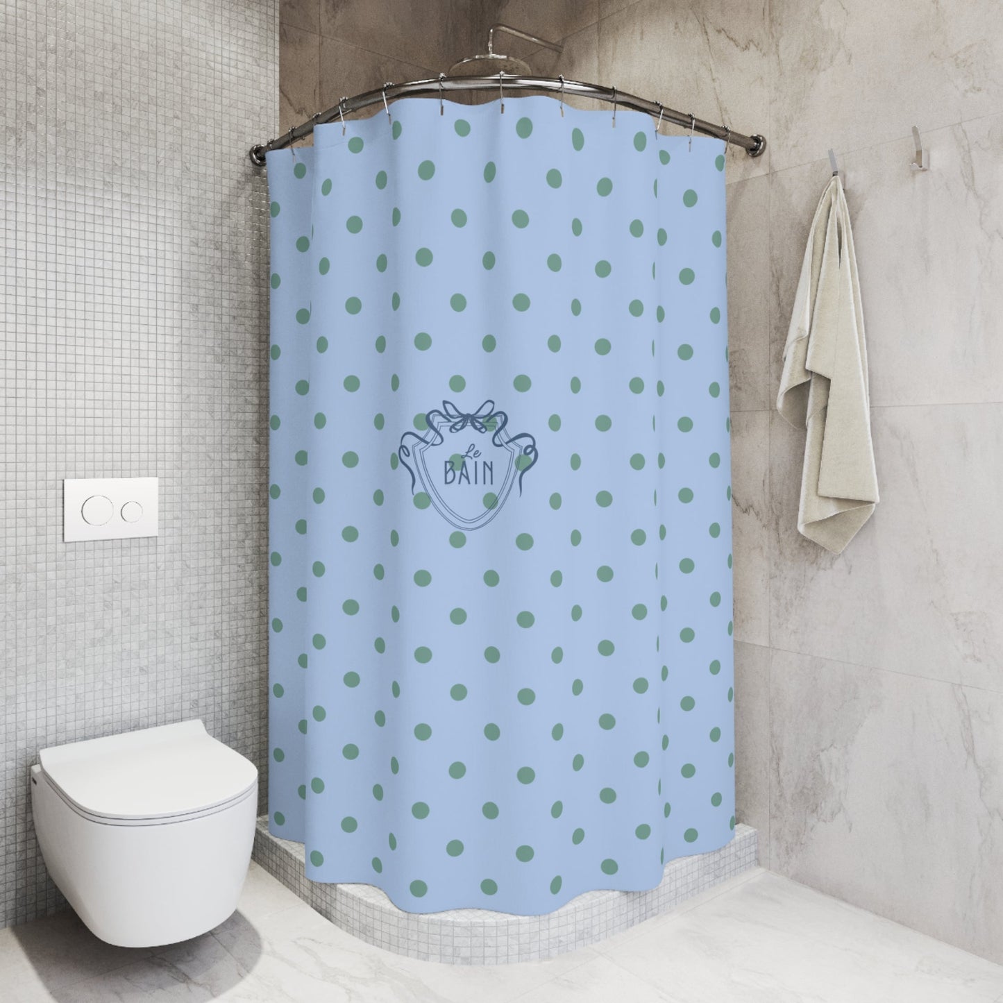 Polka Dot 'Le Bain' Shower Curtain – Pastel Blue & Green Bathroom Decor