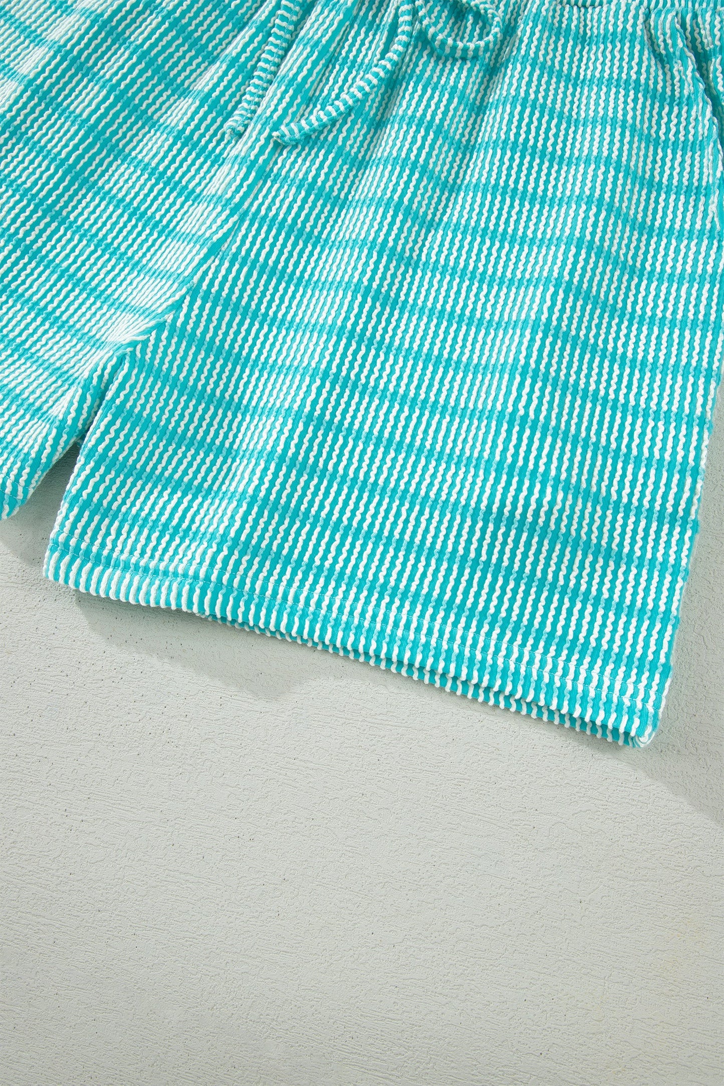 Sky Blue Stripe Raised Rib Loose Tee Drawstring Elastic Waist 2pcs Short Set