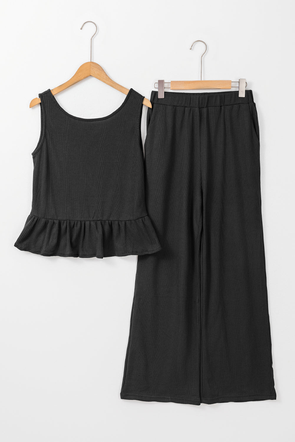Duffel Green Solid Color Ribbed Ruffle Tank Top and Pants Set