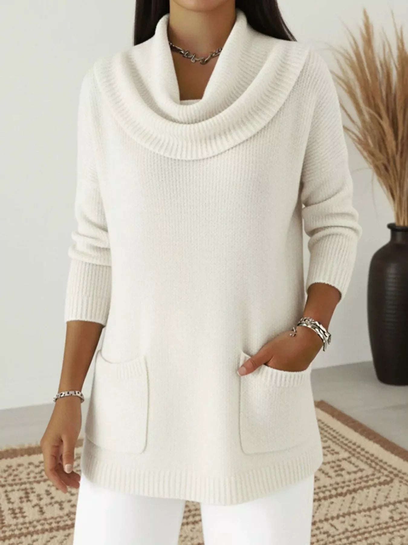 Full Size Cowl Neck Long Sleeve Sweater with Pockes Plus Size
