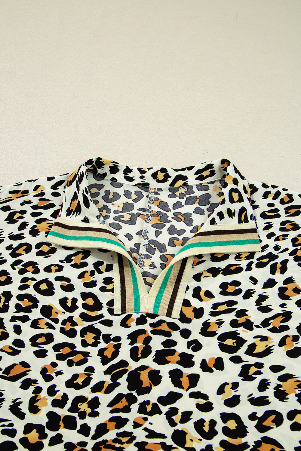 Khaki Leopard Print Long Sleeve Striped V Neck Top