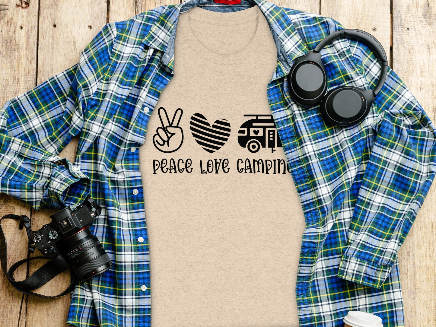 Peace Love Camping Symbol Design Graphic Novelty T-Shirt