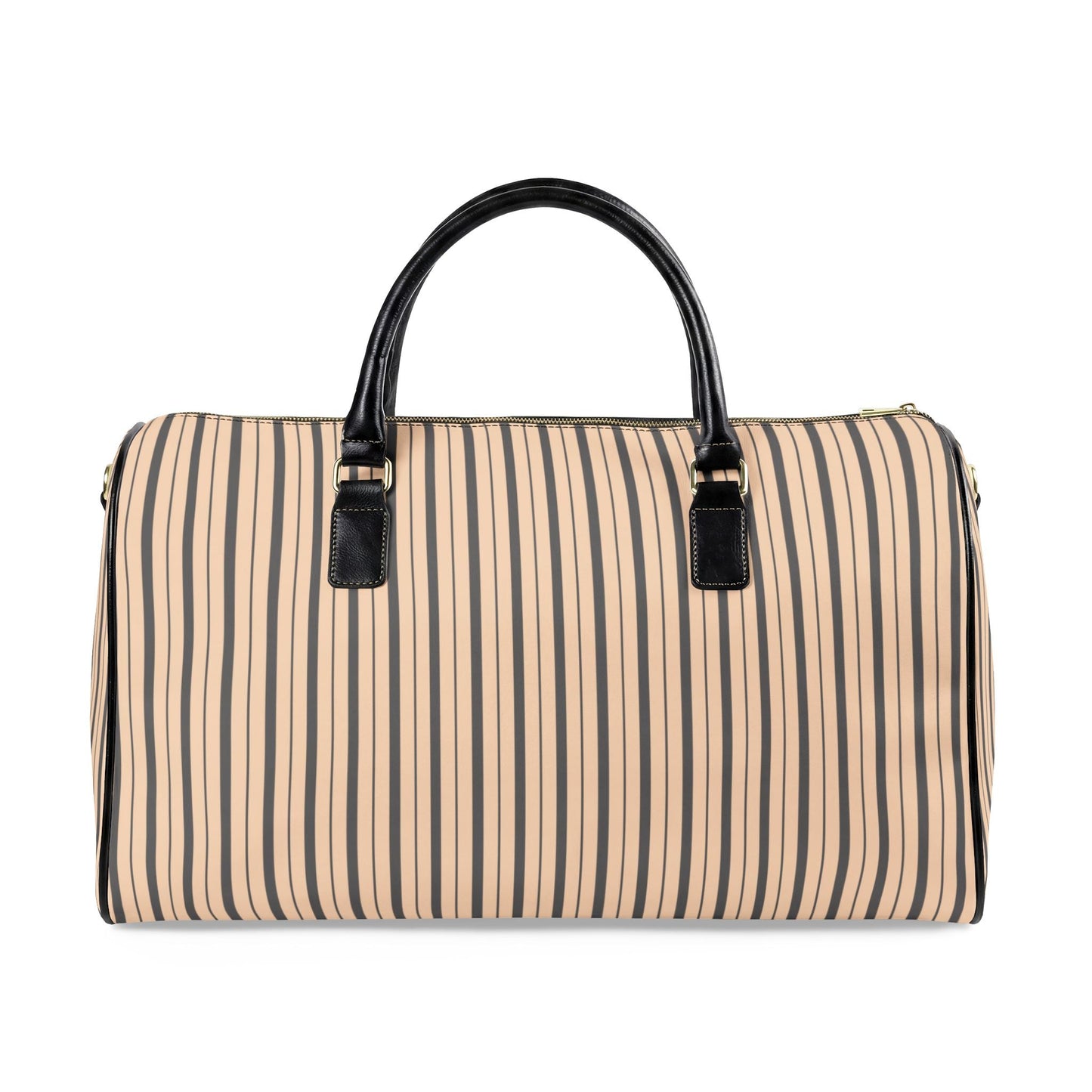 Modern Preppy Leather Travel Bag, BON VOYAGE – Grey/Tan Striped Weekender Duffle