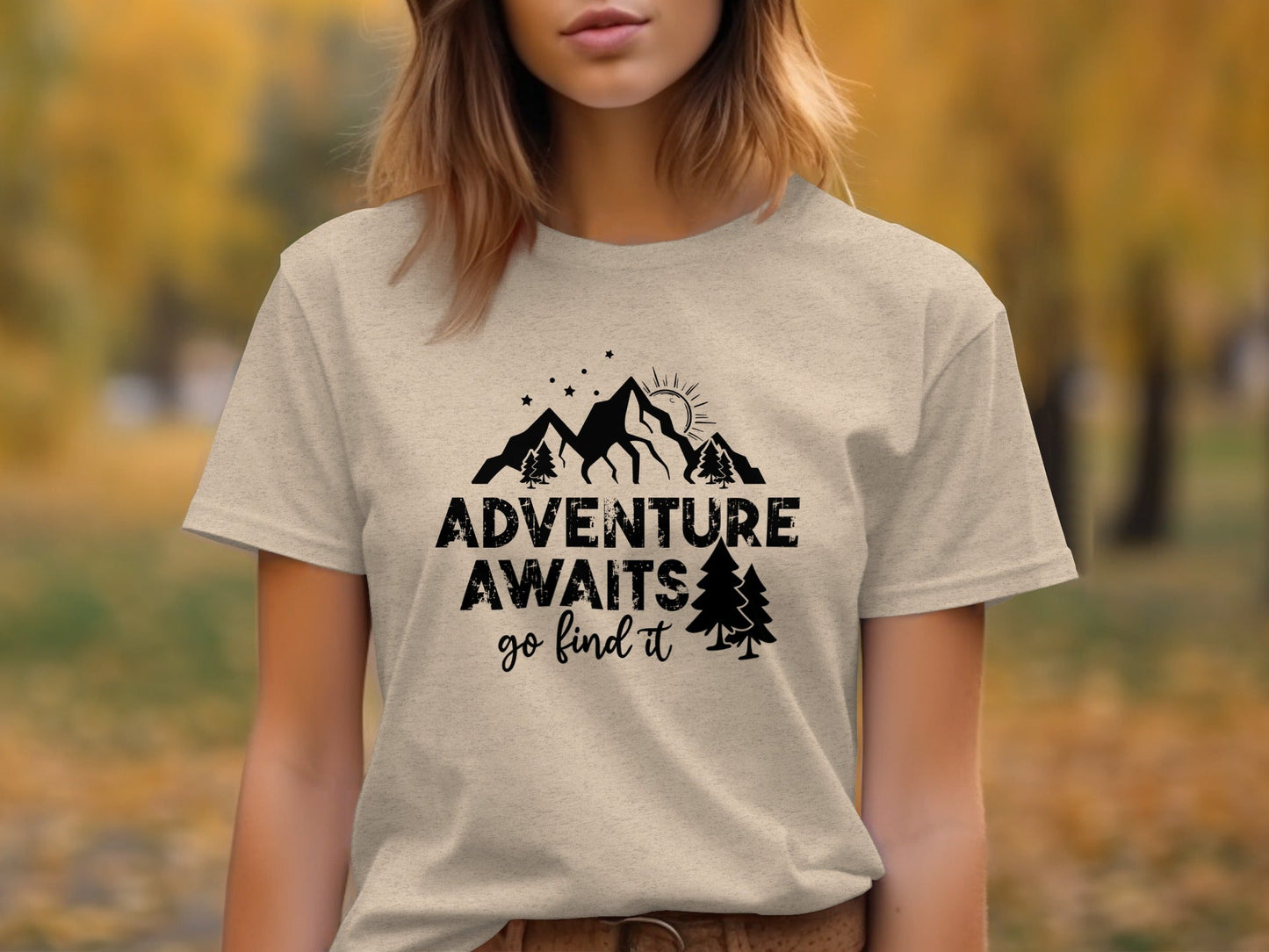 Adventure Awaits Go Find It Mountains Trees and Sun T-Shirt
