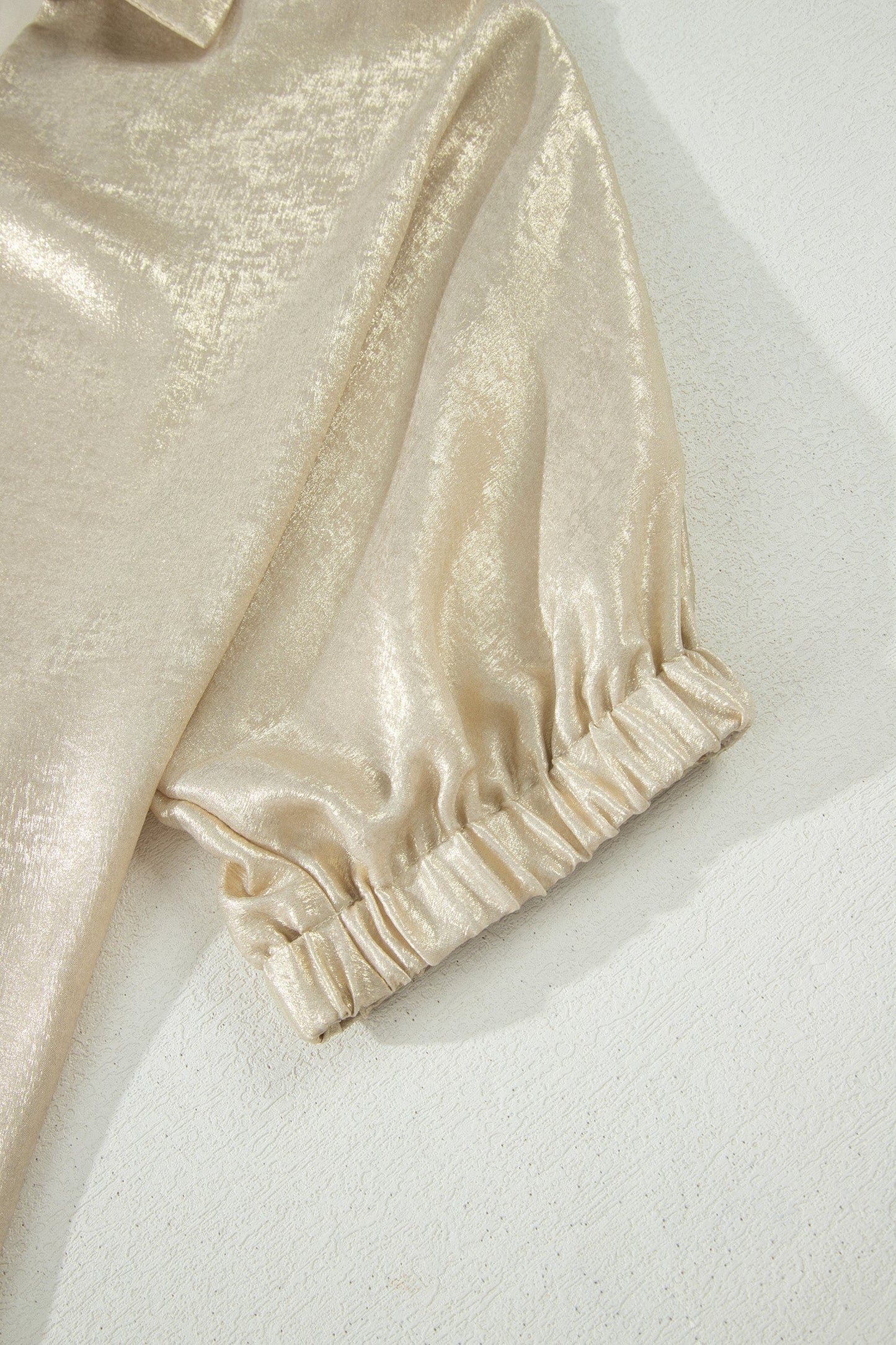 Beige Collared V Neck Half Sleeve Metallic Top
