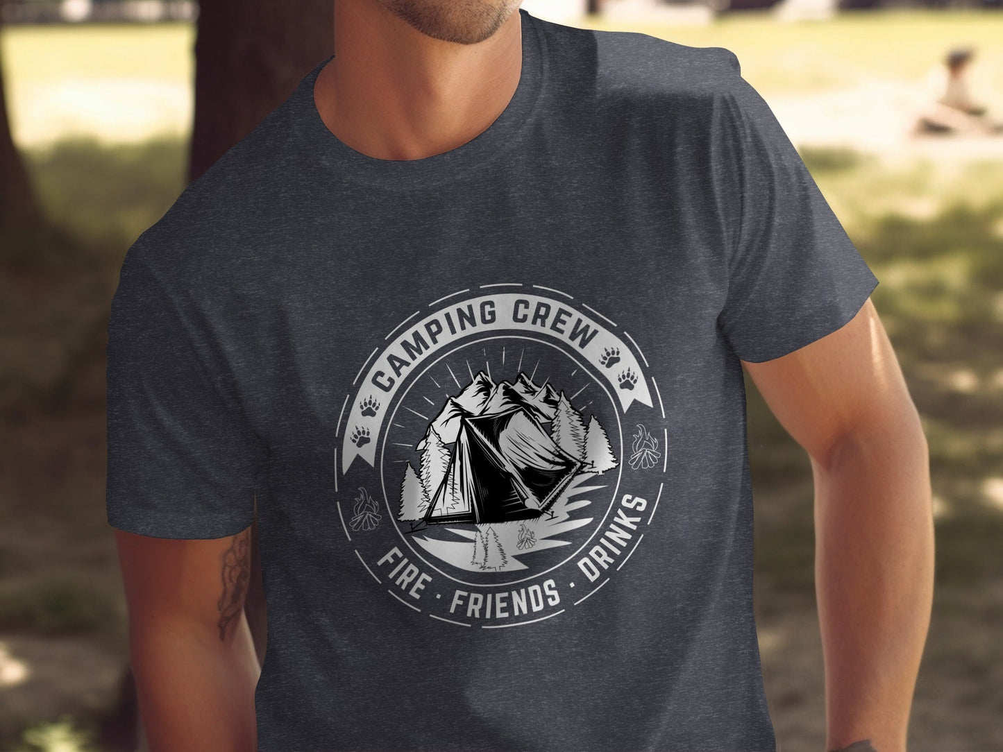 Camping Crew Friends Drinks Fire Tent Mountain Scene T-Shirt