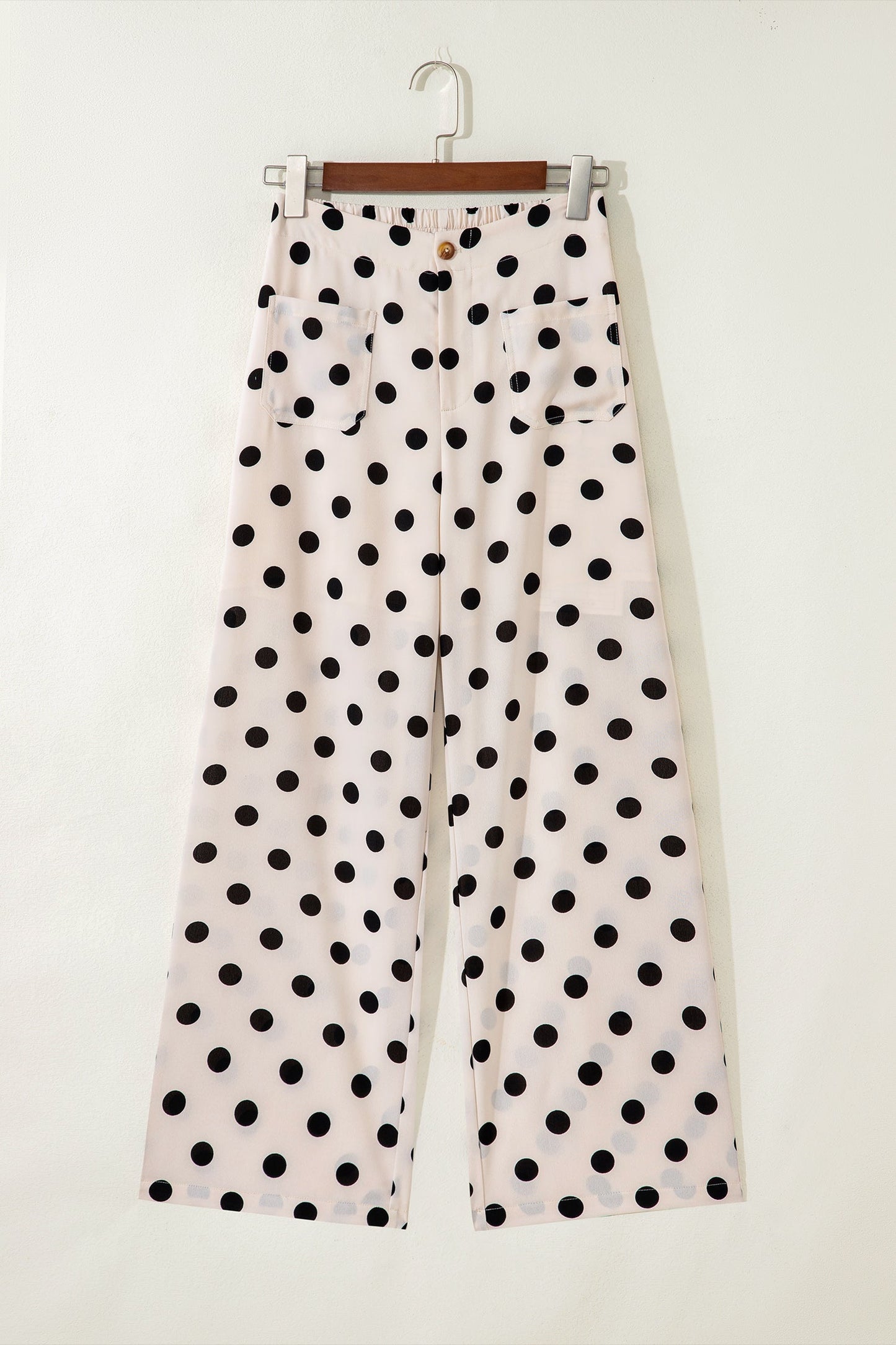 White Polka Dot Print Patched Pocket Mid-rise Straight Leg Pants