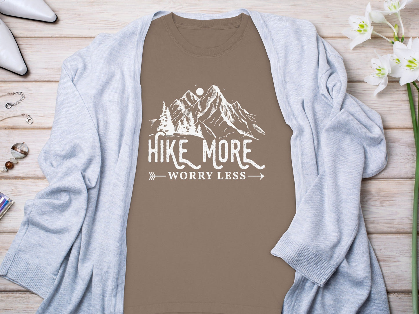 Hike More Worry Less Mountain Design Funny Outdoor Long Sleeve T-Shirt