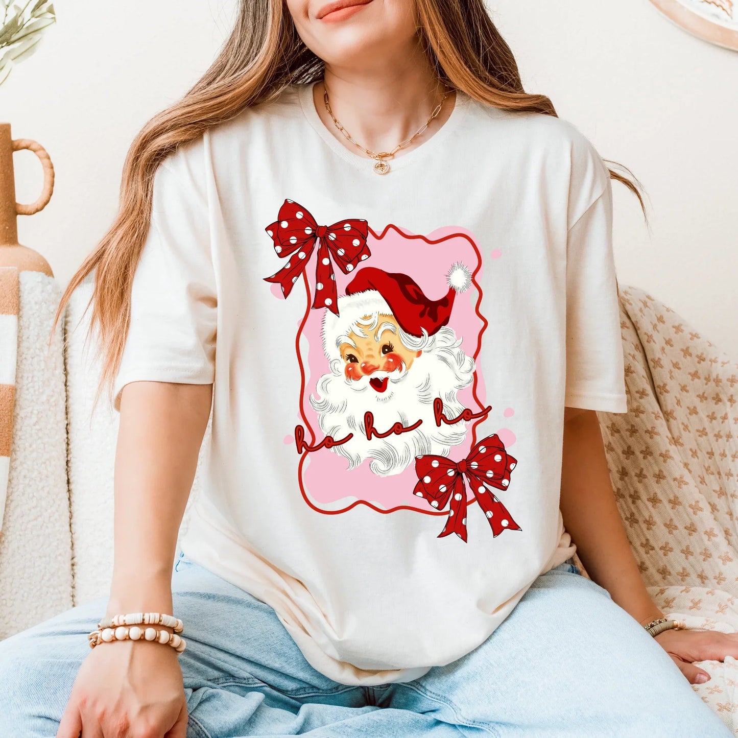 Retro Santa T-Shirt | Pink & Red Girlie Christmas Tee with Cute Santa and Bows | Ho Ho Ho Holiday Shirt