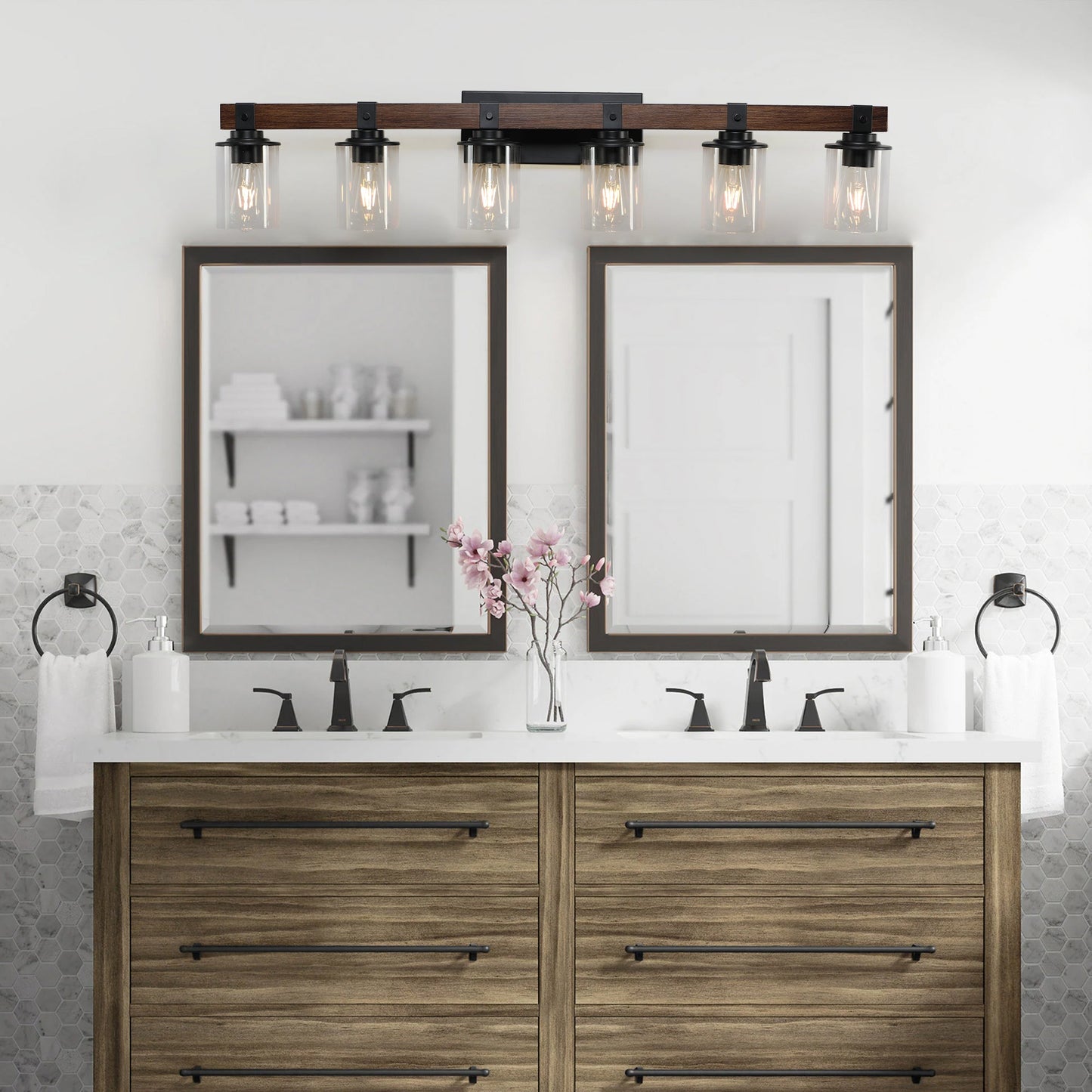 42" Rustic 6-Light Wall Sconce with Glass and Wood Accent