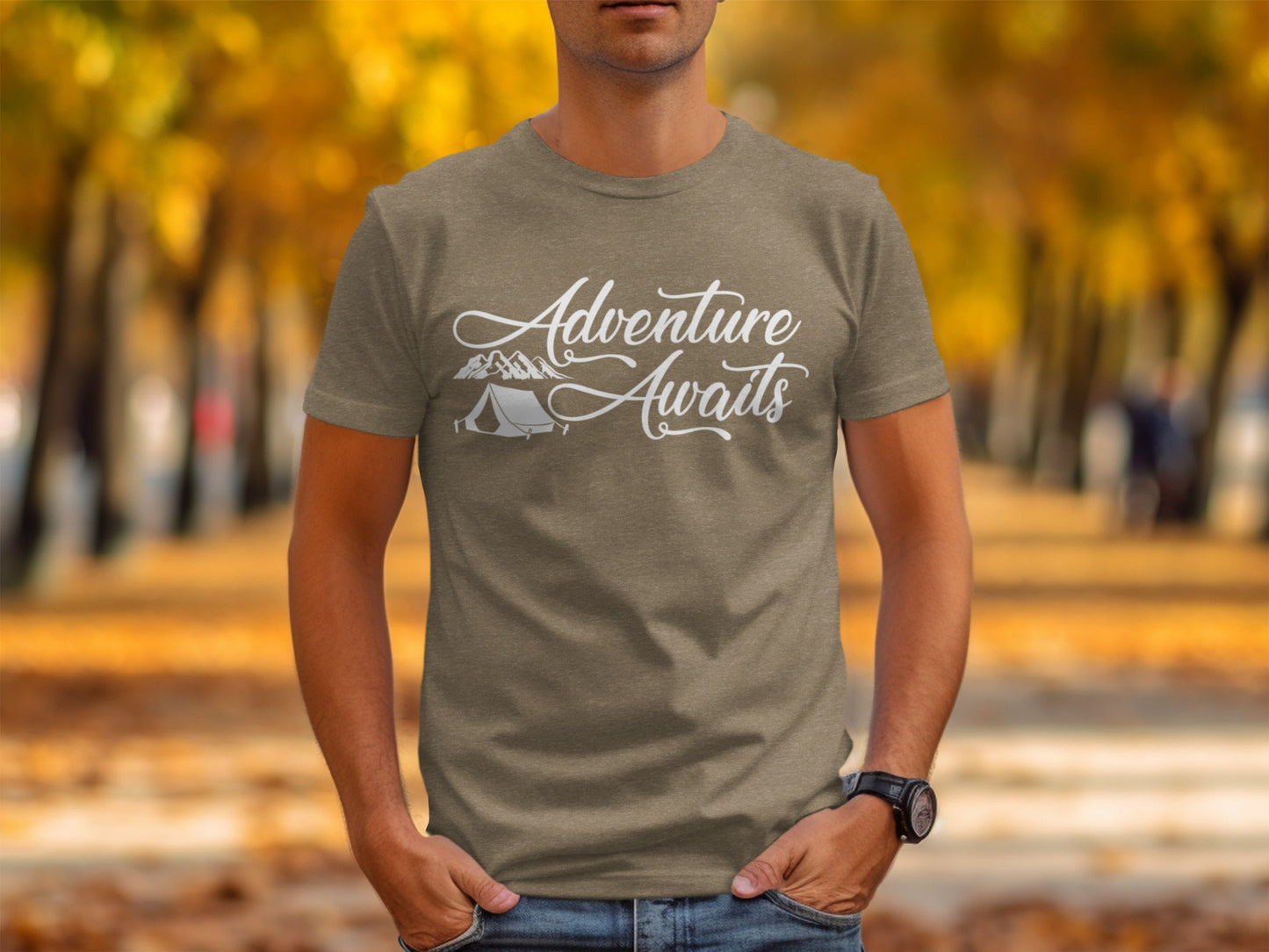 Adventure Awaits Tent Mountains Graphic Design T-Shirt