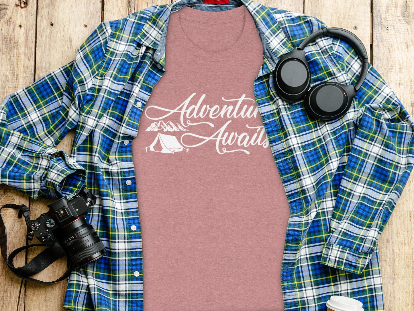 Adventure Awaits Tent Mountains Graphic Design T-Shirt