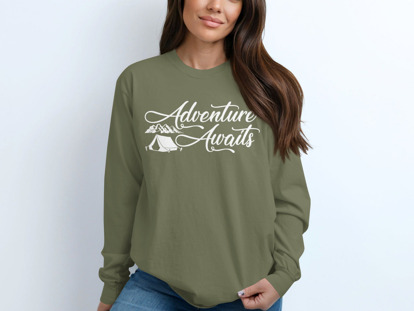 Adventure Awaits Featuring Tent and Mountains Long Sleeve T-Shirt