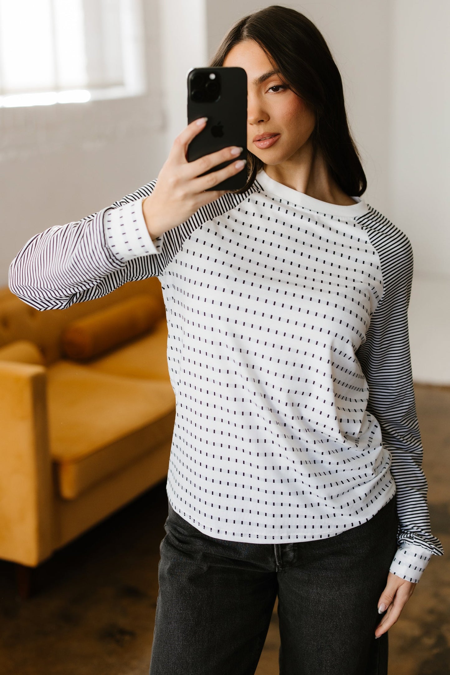 Rose Stripe Raglan Patchwork Long Sleeve Tee