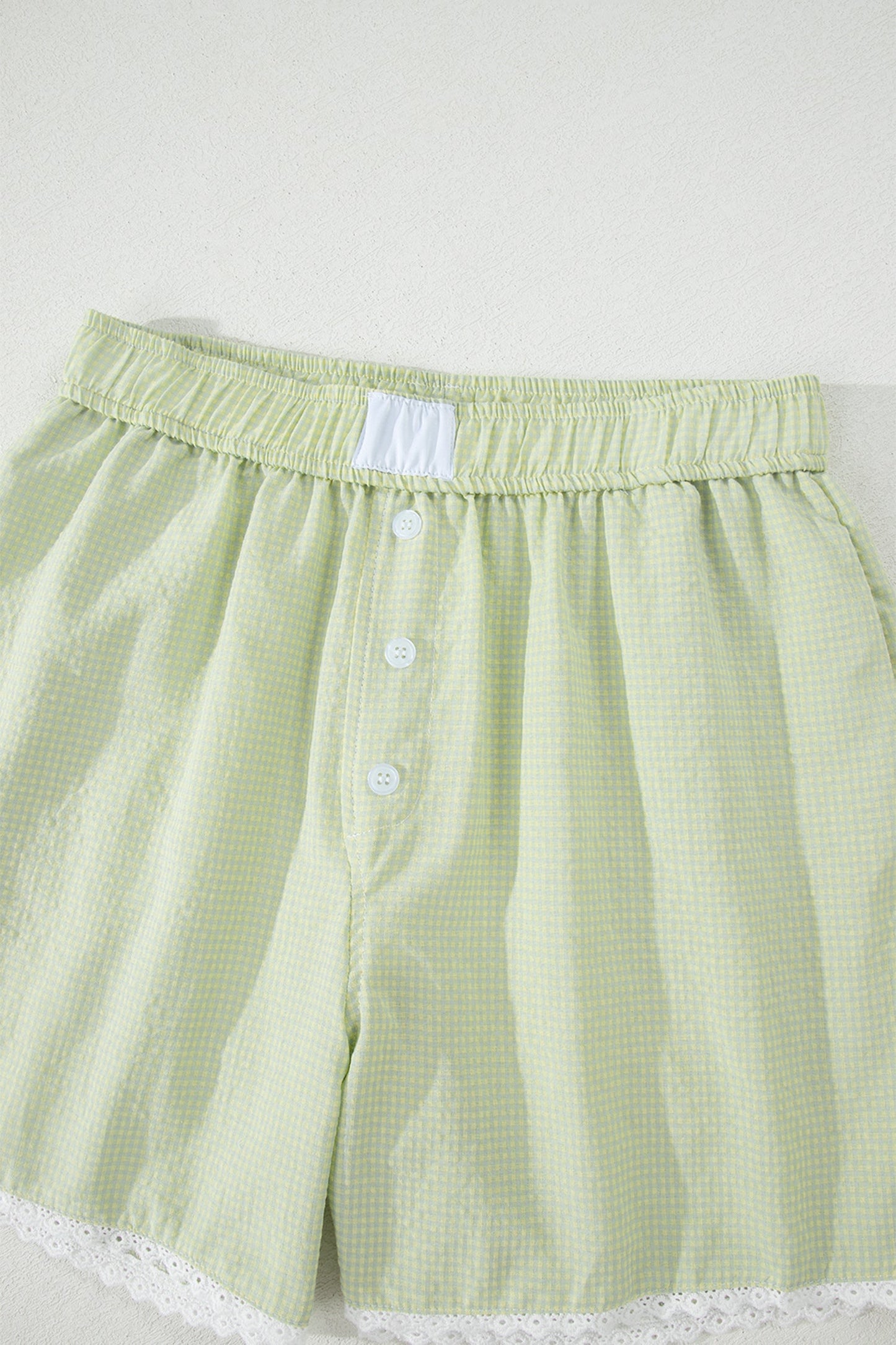 Green Gingham Plaid Button Detail Lace Trim Boxer Shorts