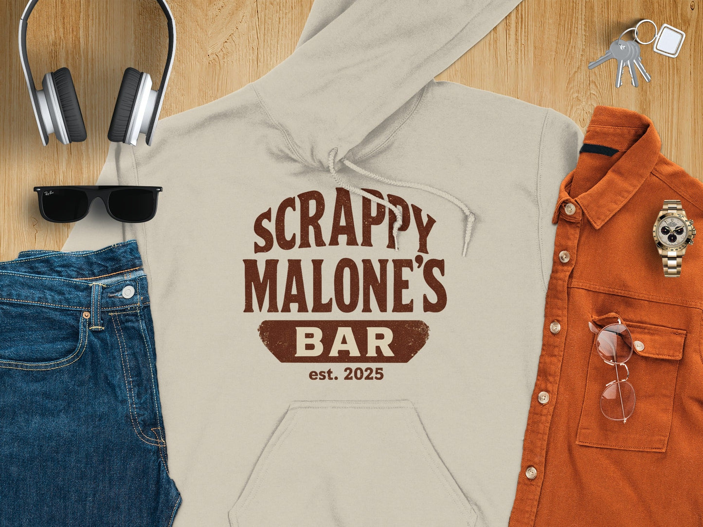 Scrappy Malone's Bar Est 2025 Vintage Style Hoodie - Retro Tavern Design