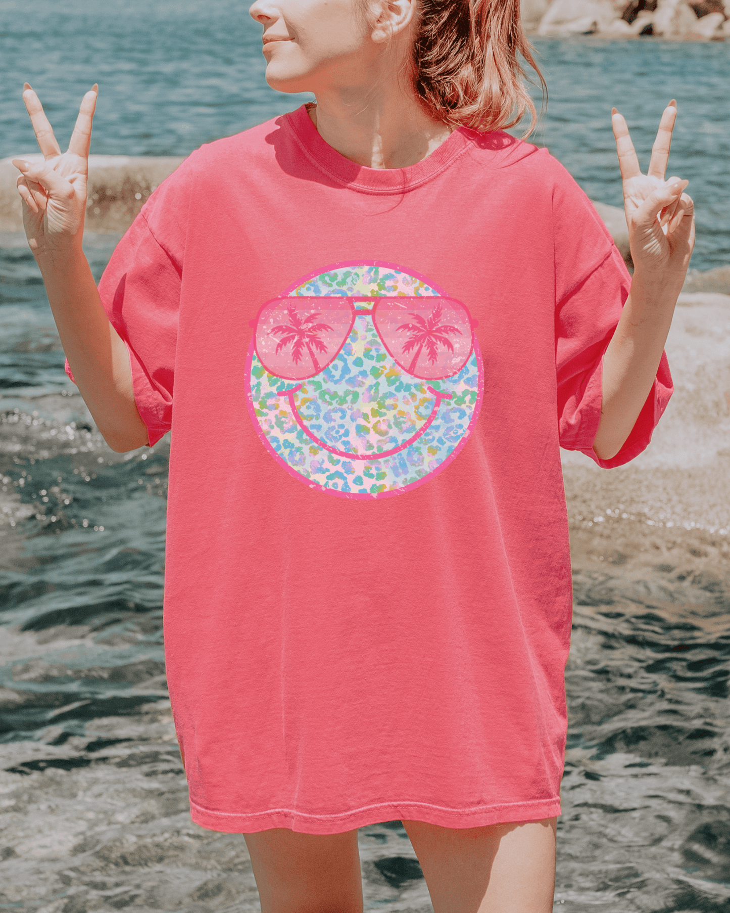 Sunglasses Summer Cheetah Smile Cartoon Face T-Shirt