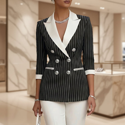 Pinstripe Double-Breasted Blazer | Contrast Lapel & Silver Buttons | Black