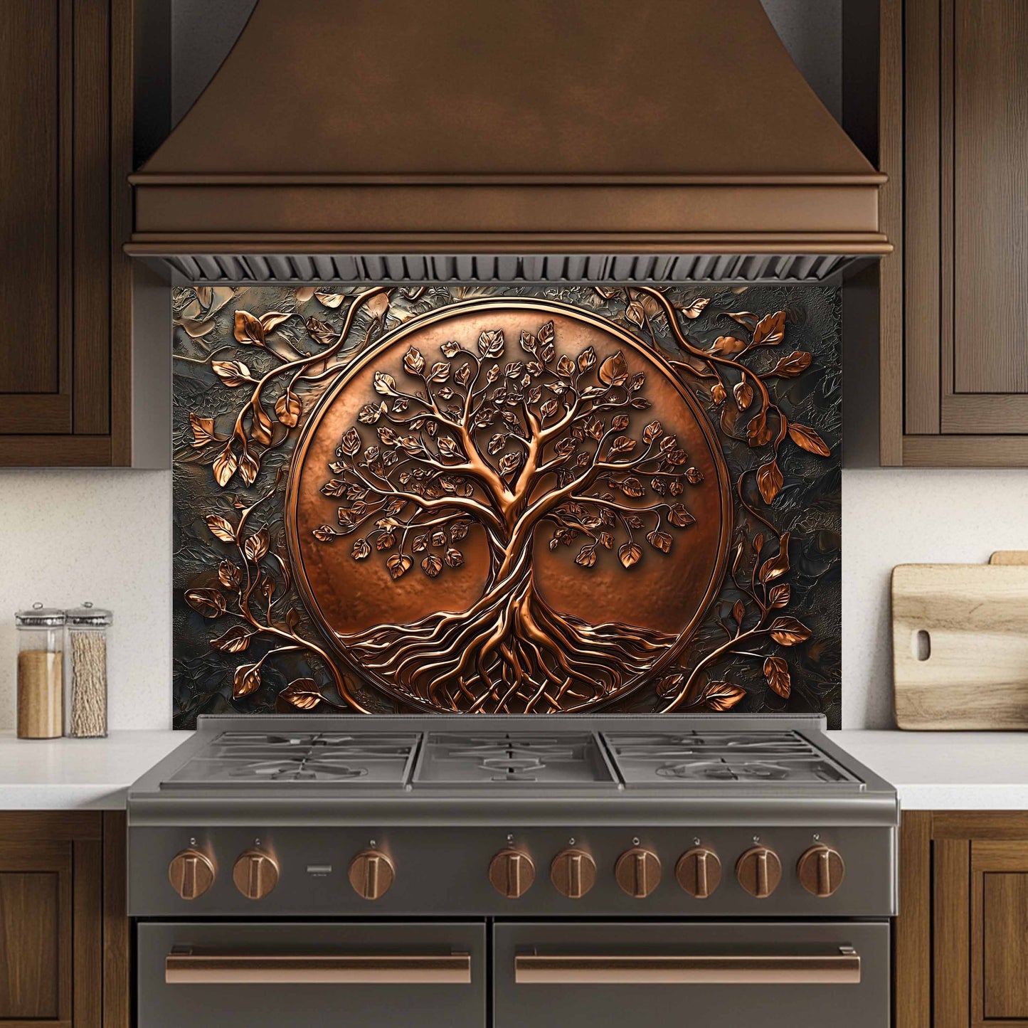 Custom Kitchen Backsplash – Copper Look Tree Tempered Glass Stove Backsplash