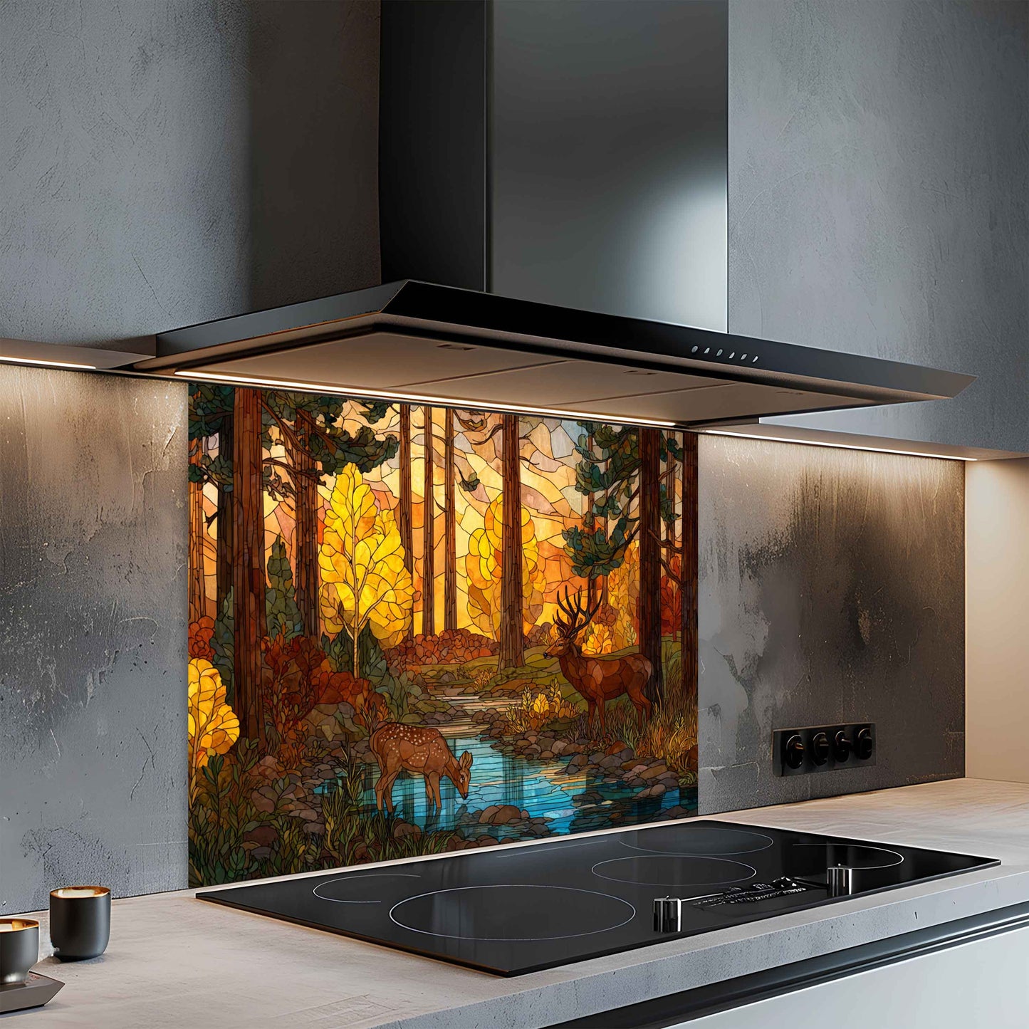 Tempered Glass Backsplash for Kitchen | Woodland Deer & Autumn Trees Stained Glass Look
