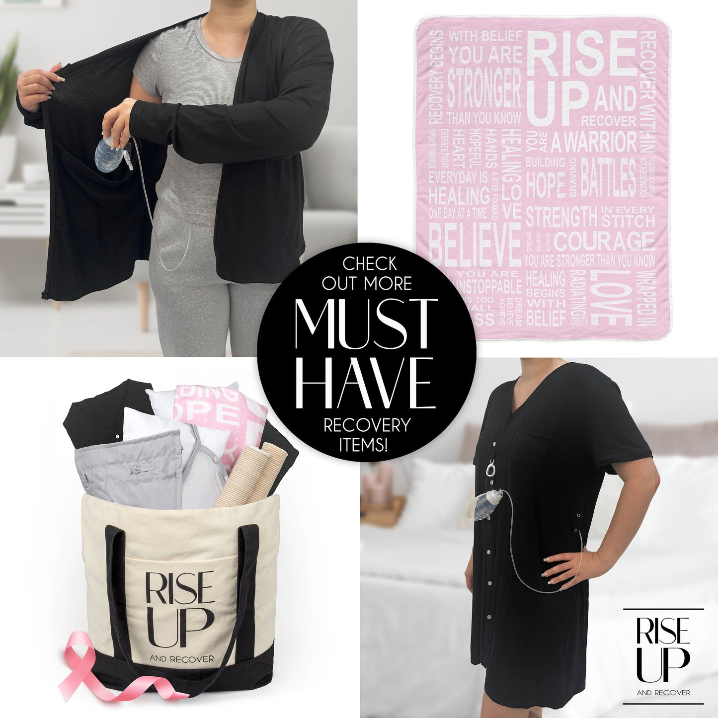 Rise Up and Recover - Mastectomy Breast Cancer Zip Up Hoodie Jacket with Drain Pockets