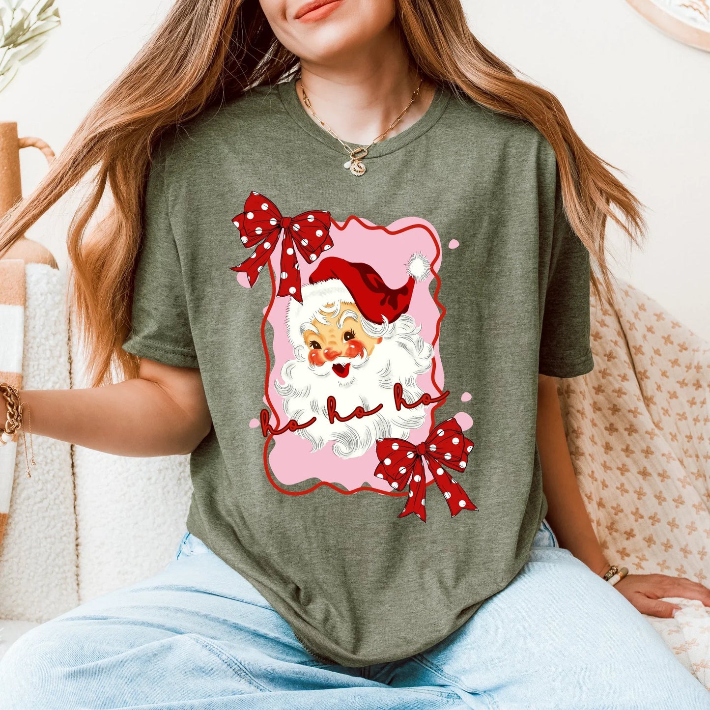 Retro Santa T-Shirt | Pink & Red Girlie Christmas Tee with Cute Santa and Bows | Ho Ho Ho Holiday Shirt