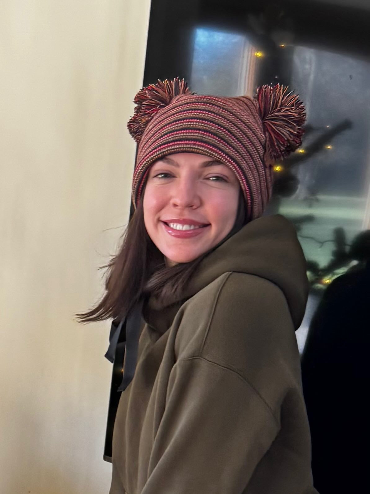 Double Pom Pom, H Stitch Beanie, Multi Color Hat