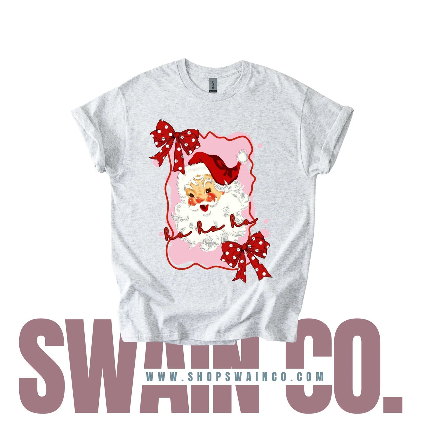 Retro Santa T-Shirt | Pink & Red Girlie Christmas Tee with Cute Santa and Bows | Ho Ho Ho Holiday Shirt