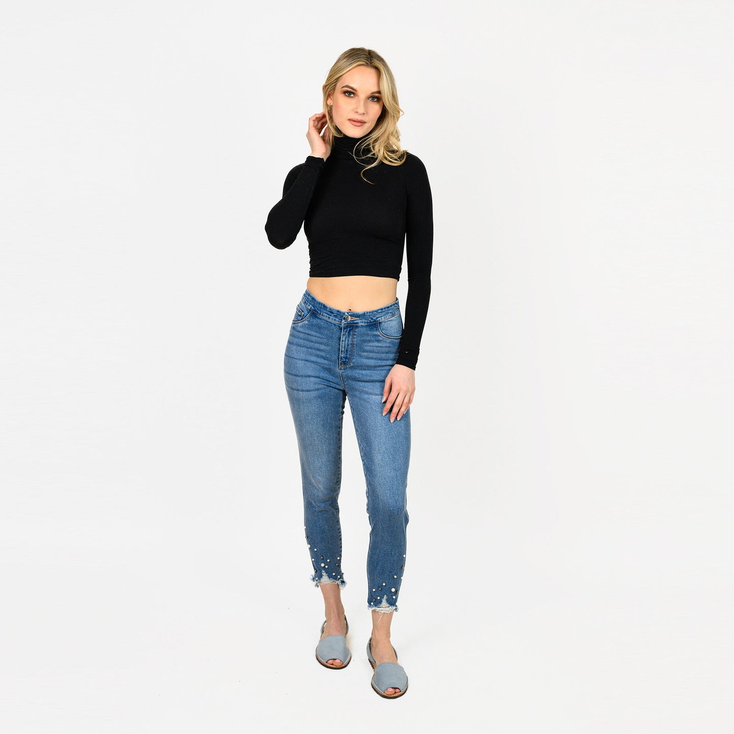 Pearl Beaded Distressed Hem Capris
