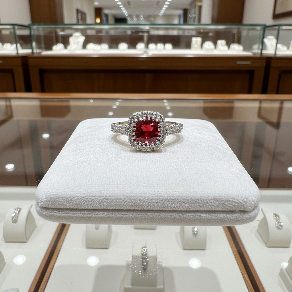 Comforting Light Cubic Zirconia Halo Cremation Ring<br>Cushion Cut • 6.4x6.4mm