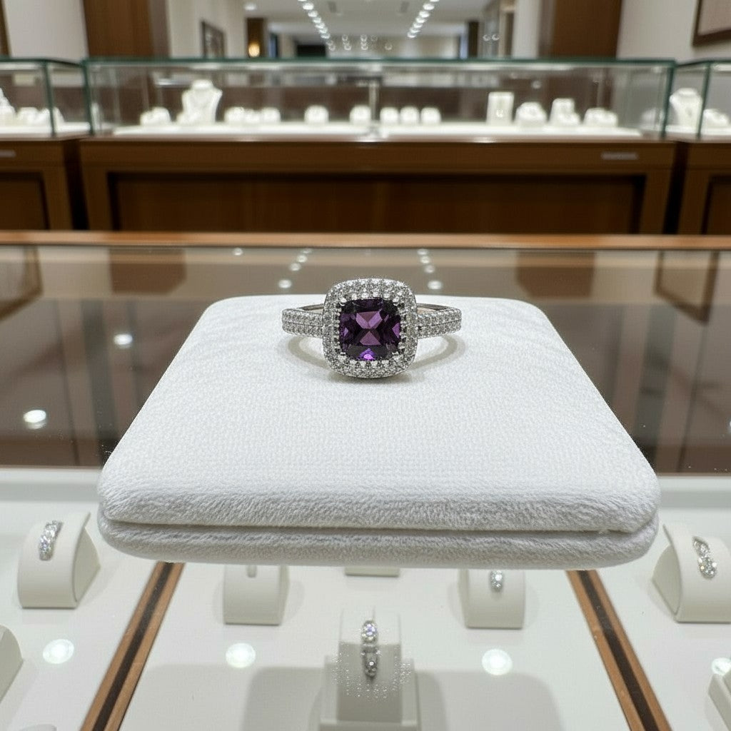 Comforting Light Cubic Zirconia Halo Cremation Ring<br>Cushion Cut • 6.4x6.4mm