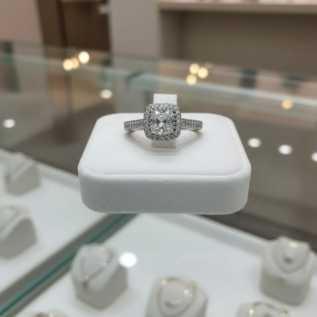 Comforting Light Cubic Zirconia Halo Cremation Ring<br>Cushion Cut • 6.4x6.4mm