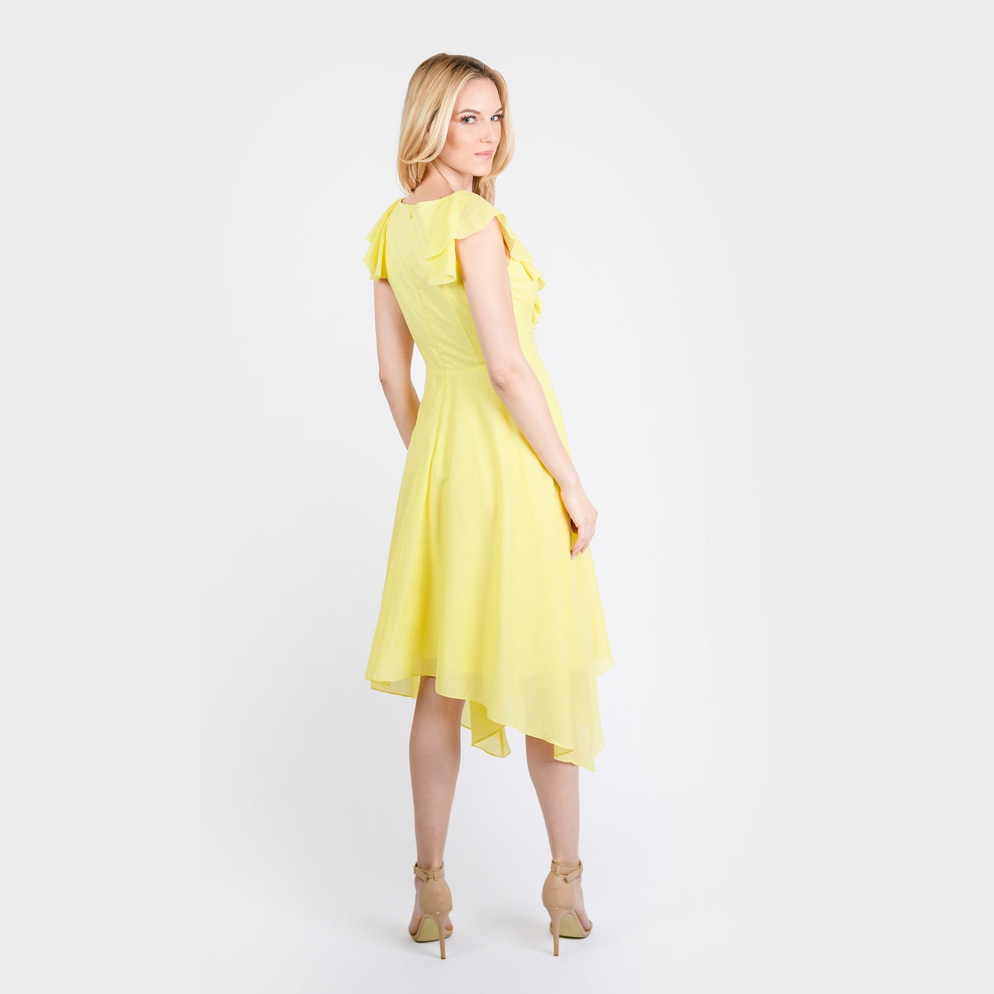 CN7177 Ruffled Nkline Sharkbite Hem Dress