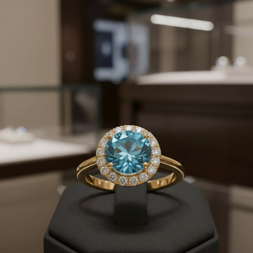 Circle of Life Ring with Halo<br>Round Portuguese Cut • 7mm